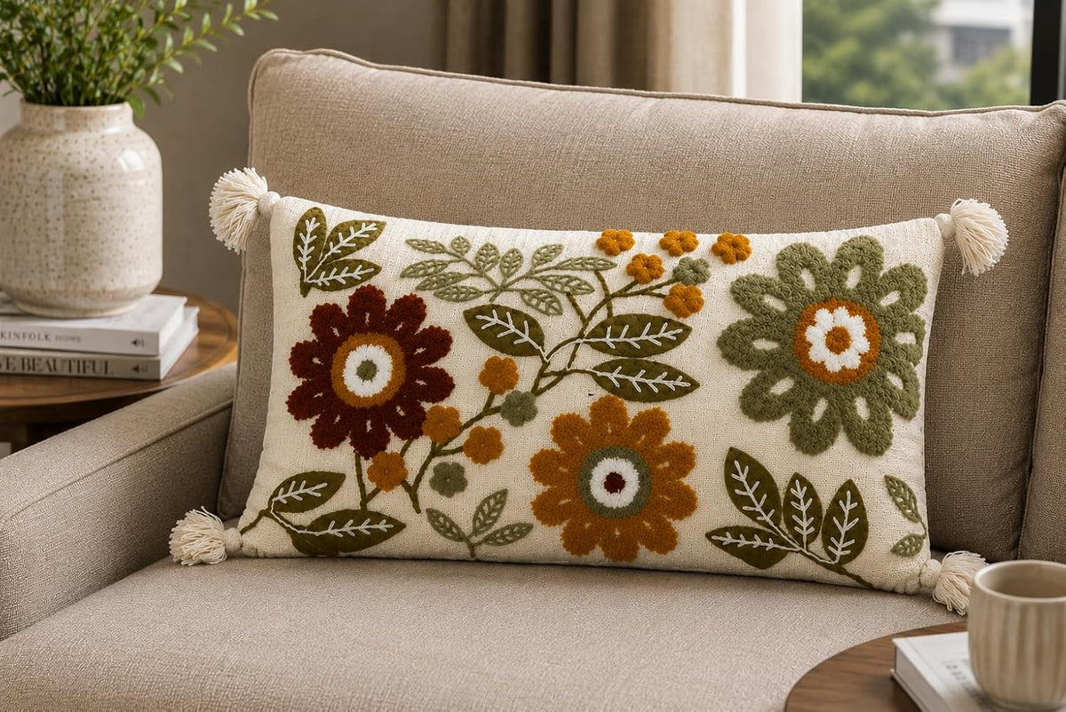 Prista Floral Embroidered Cushion Cover 12x20 Inch | Hand Embroidered Slub Cotton Lumbar Pillow Cover with Tassels | Boho Decorative Cushion for Sofa, Bed & Living Room (Autumn Bloom)