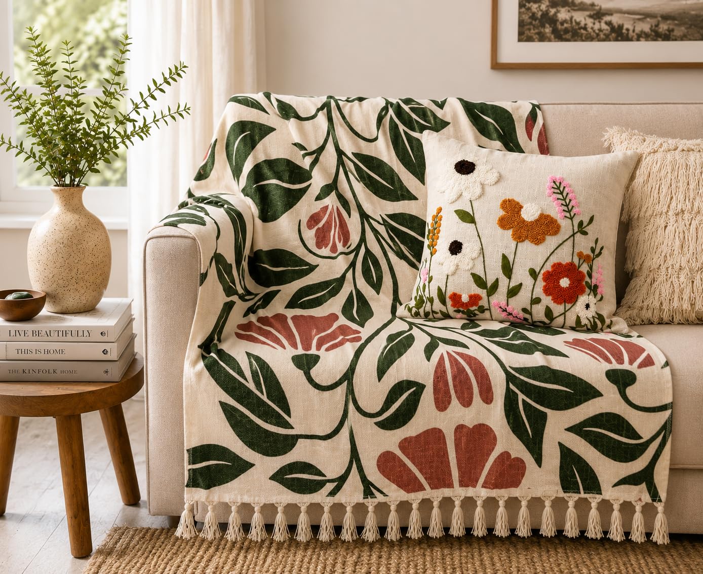 Prista Handblock Printed Throw Blanket with Tassels | Soft Cotton Decorative Throw for Sofa, Bed & Couch | Floral Printed Boho Throw Blanket for Living Room Decor (75x 52 inches) (Daisy)
