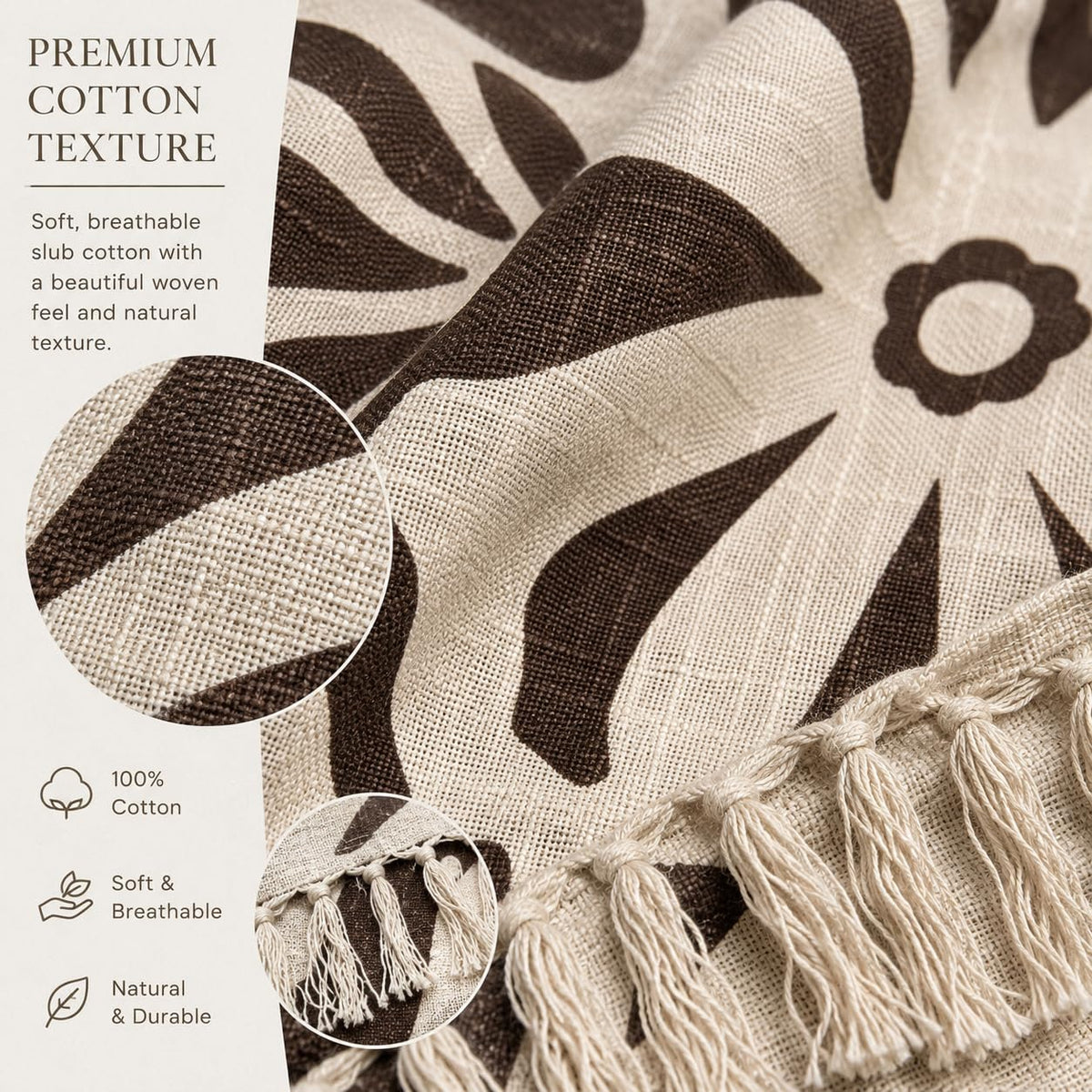 Prista Handblock Printed Throw Blanket with Tassels | Soft Cotton Decorative Throw for Sofa, Bed & Couch | Floral Printed Boho Throw Blanket for Living Room Decor (75x 52 inches) (Daisy)