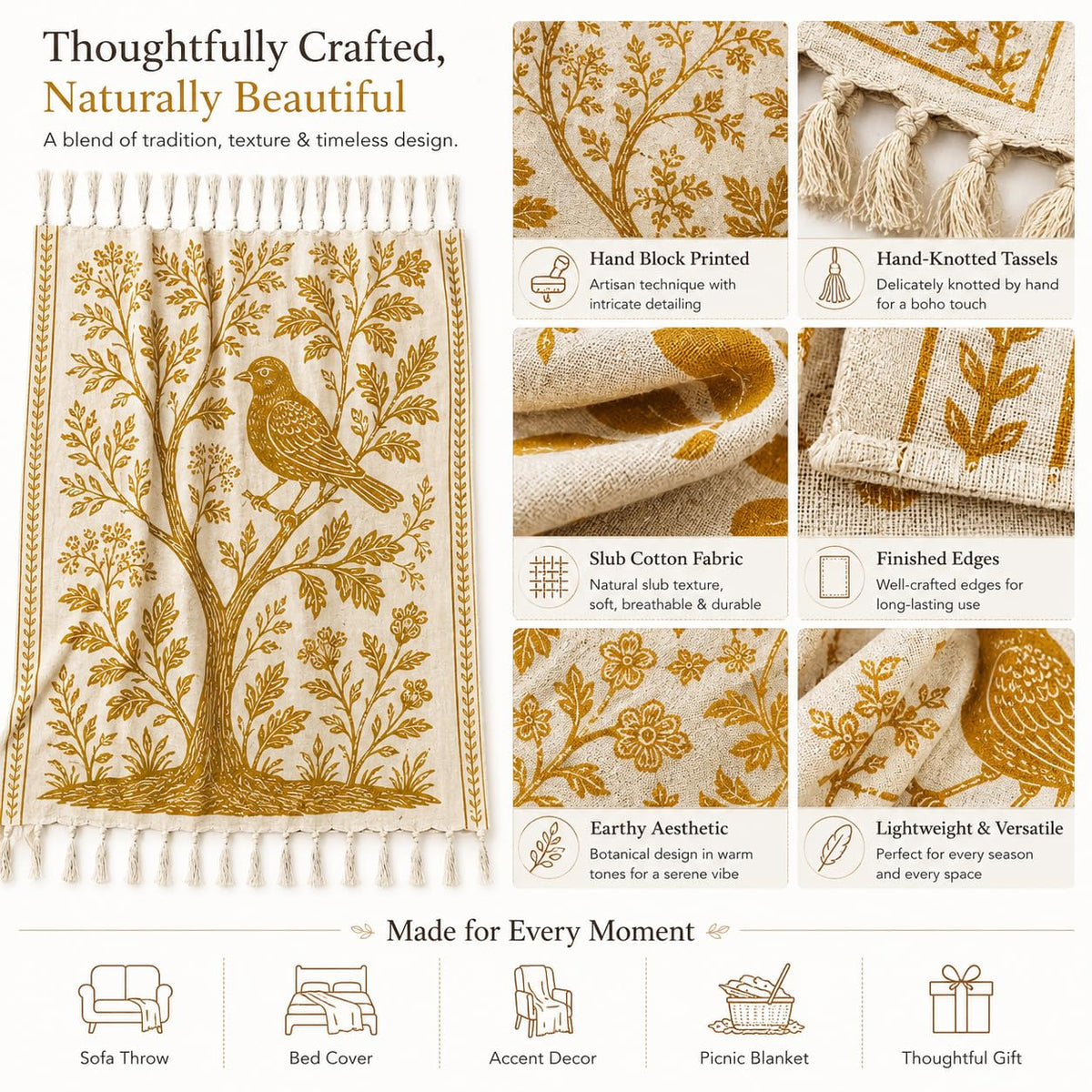 Prista Handblock Printed Throw Blanket with Tassels | Soft Cotton Decorative Throw for Sofa, Bed & Couch | Floral Printed Boho Throw Blanket for Living Room Decor (75x 52 inches) (Daisy)