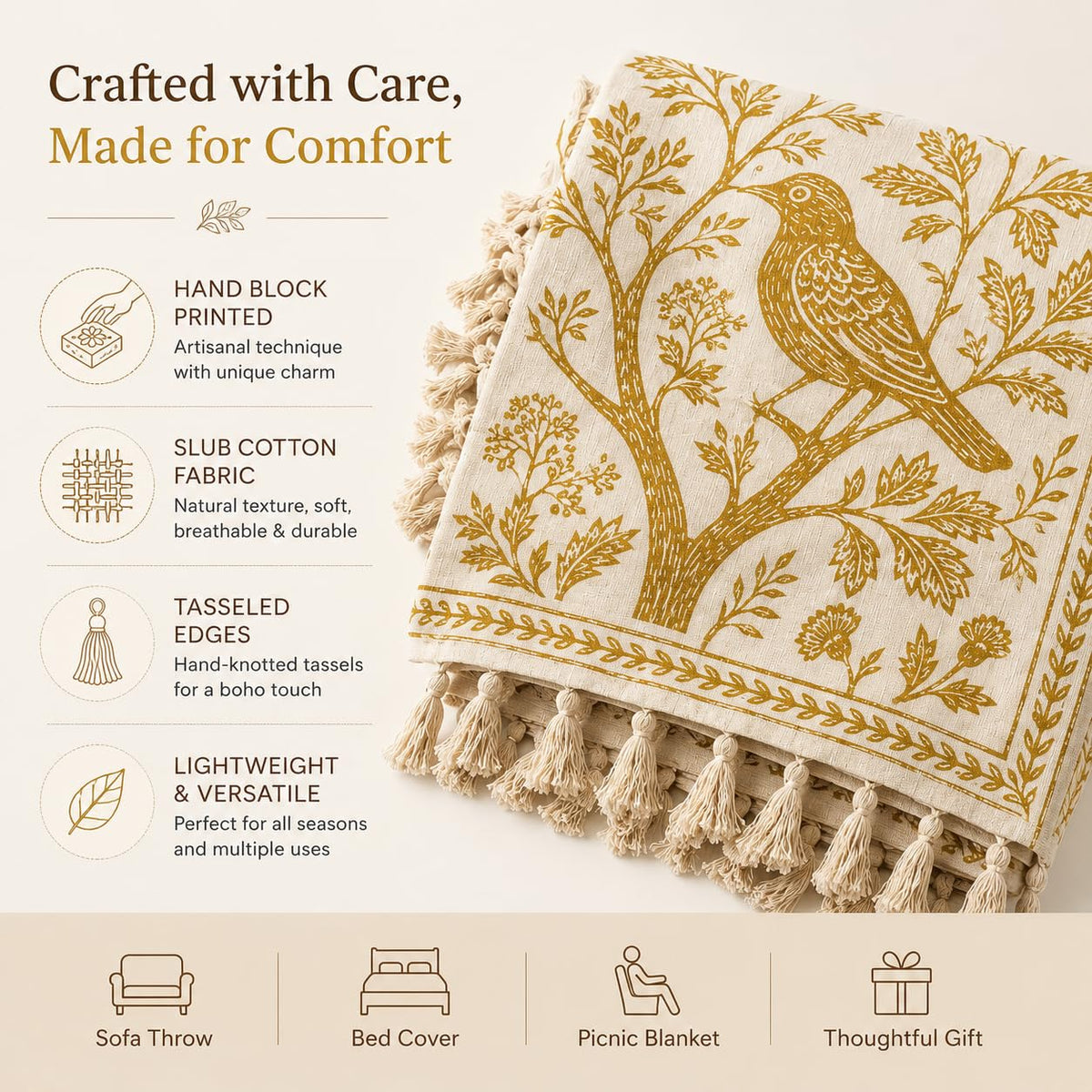 Prista Handblock Printed Throw Blanket with Tassels | Soft Cotton Decorative Throw for Sofa, Bed & Couch | Floral Printed Boho Throw Blanket for Living Room Decor (75x 52 inches) (Daisy)