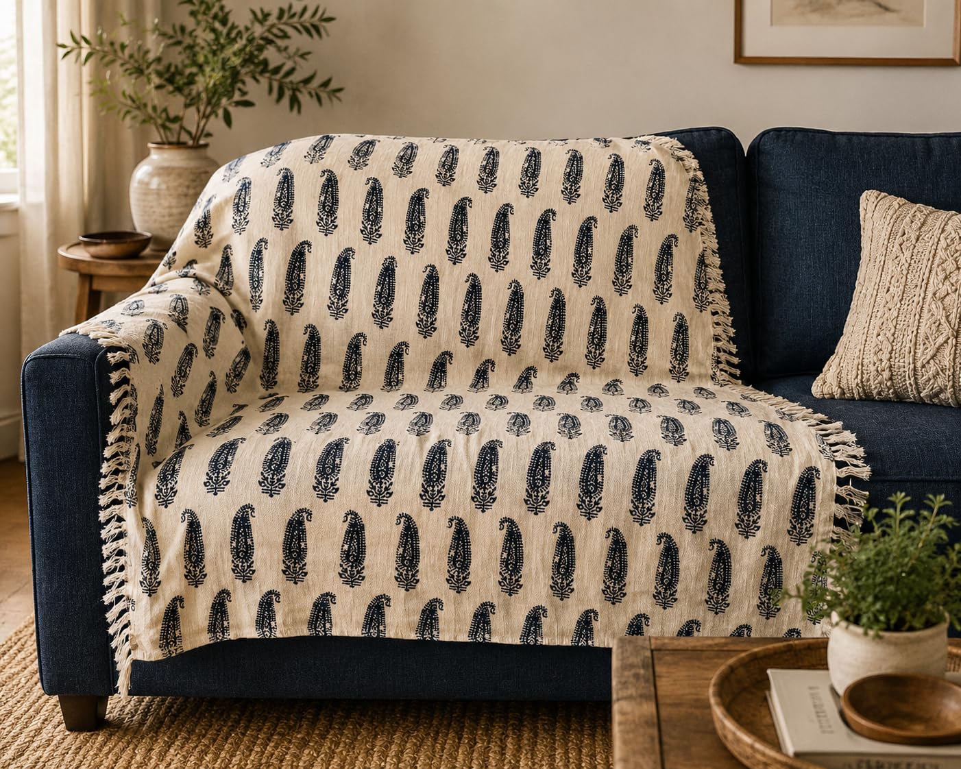 Prista Handblock Printed Throw Blanket with Tassels | Soft Cotton Decorative Throw for Sofa, Bed & Couch | Floral Printed Boho Throw Blanket for Living Room Decor (75x 52 inches) (Daisy)
