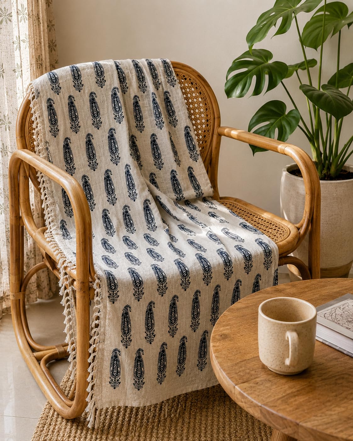 Prista Handblock Printed Throw Blanket with Tassels | Soft Cotton Decorative Throw for Sofa, Bed & Couch | Floral Printed Boho Throw Blanket for Living Room Decor (75x 52 inches) (Daisy)