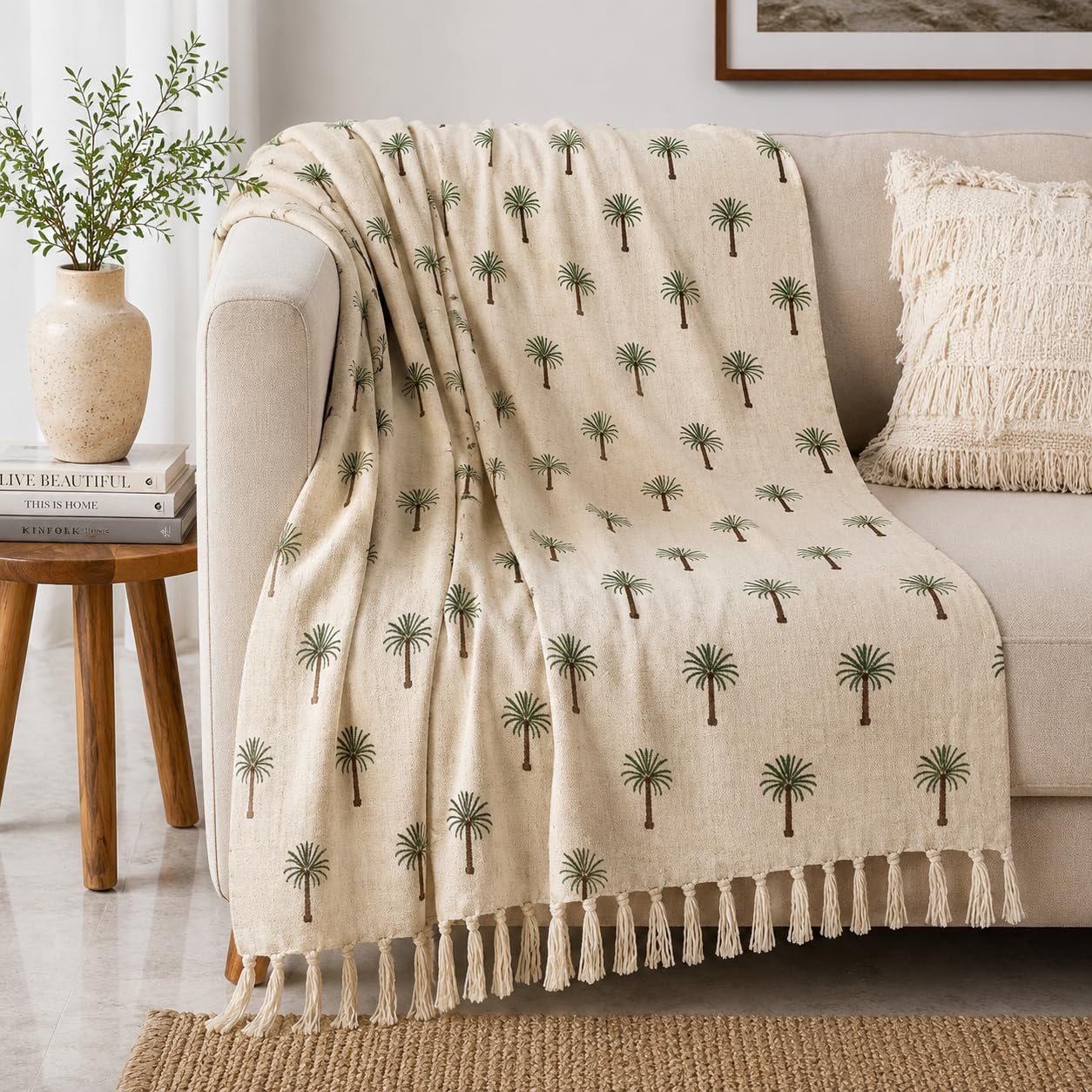 Prista Handblock Printed Throw Blanket with Tassels | Soft Cotton Decorative Throw for Sofa, Bed & Couch | Floral Printed Boho Throw Blanket for Living Room Decor (75x 52 inches) (Daisy)