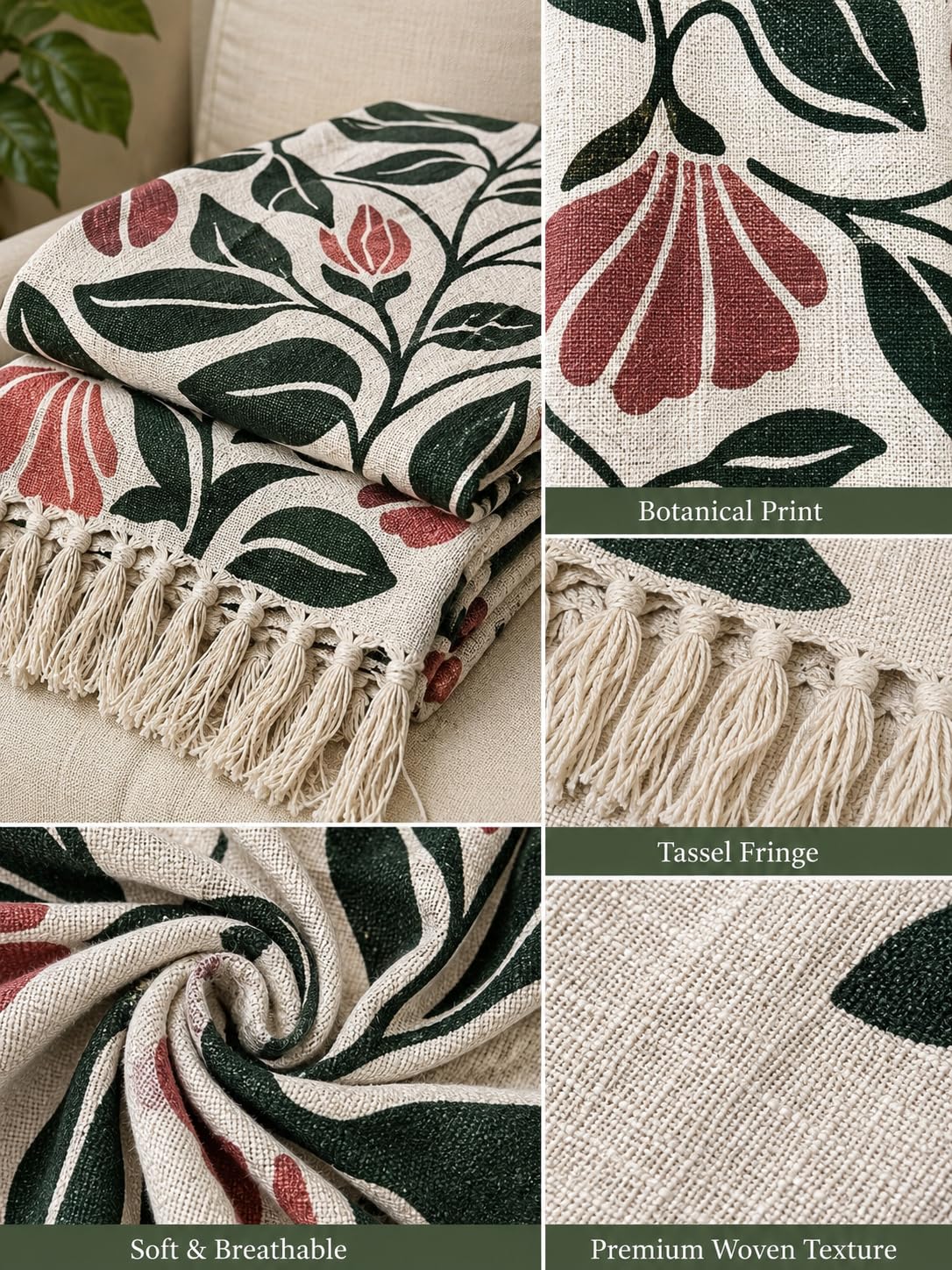 Prista Handblock Printed Throw Blanket with Tassels | Soft Cotton Decorative Throw for Sofa, Bed & Couch | Floral Printed Boho Throw Blanket for Living Room Decor (75x 52 inches) (Daisy)