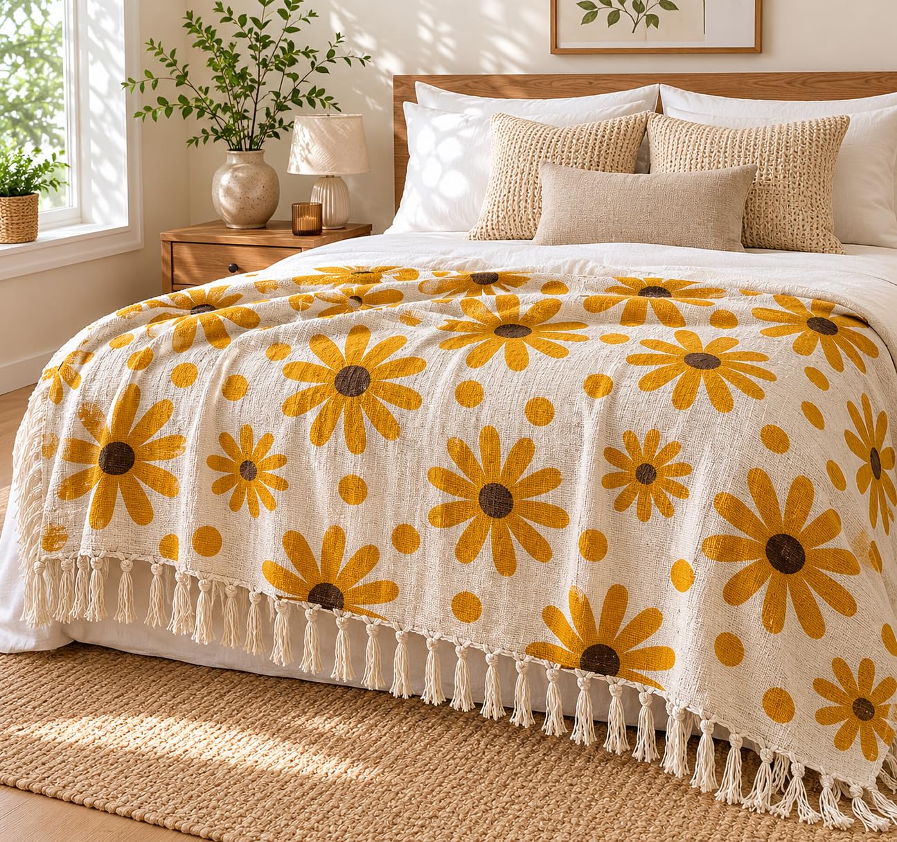 Prista Handblock Printed Throw Blanket with Tassels | Soft Cotton Decorative Throw for Sofa, Bed & Couch | Floral Printed Boho Throw Blanket for Living Room Decor (75x 52 inches) (Daisy)