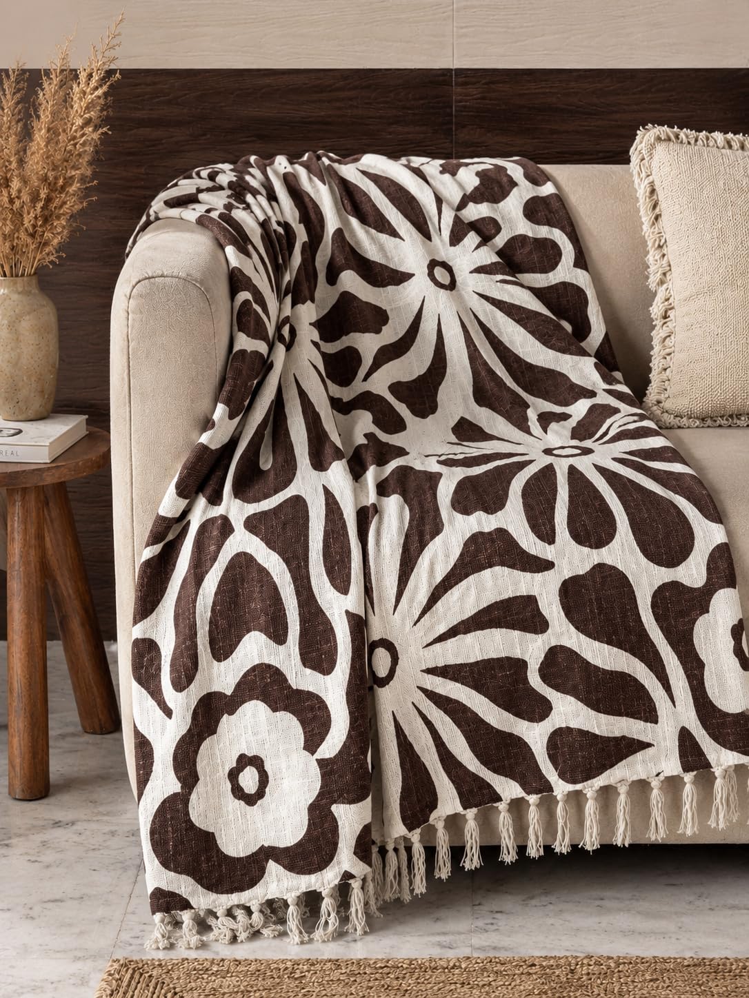 Prista Handblock Printed Throw Blanket with Tassels | Soft Cotton Decorative Throw for Sofa, Bed & Couch | Floral Printed Boho Throw Blanket for Living Room Decor (75x 52 inches) (Daisy)