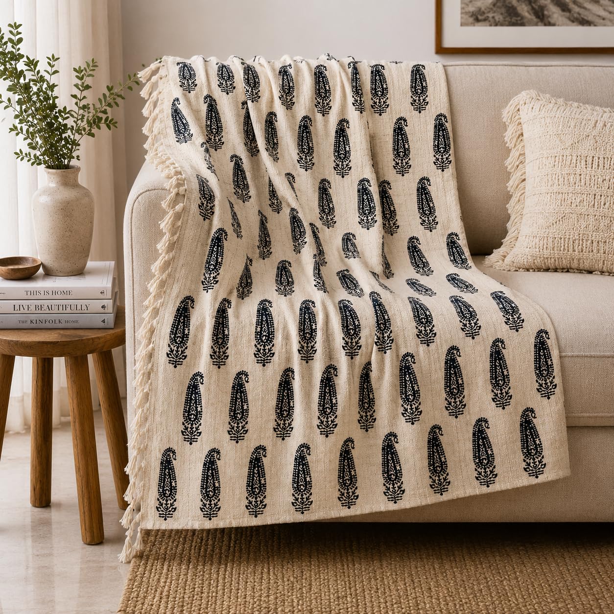 Prista Handblock Printed Throw Blanket with Tassels | Soft Cotton Decorative Throw for Sofa, Bed & Couch | Floral Printed Boho Throw Blanket for Living Room Decor (75x 52 inches) (Daisy)