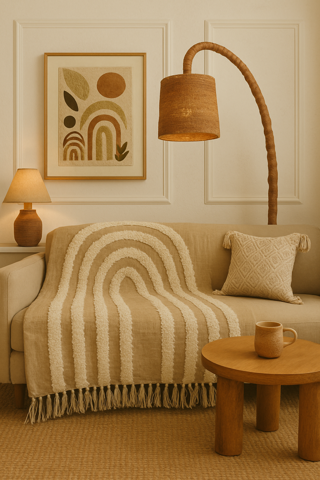 Beige Rainbow Pattern Tufted Sofa Throw