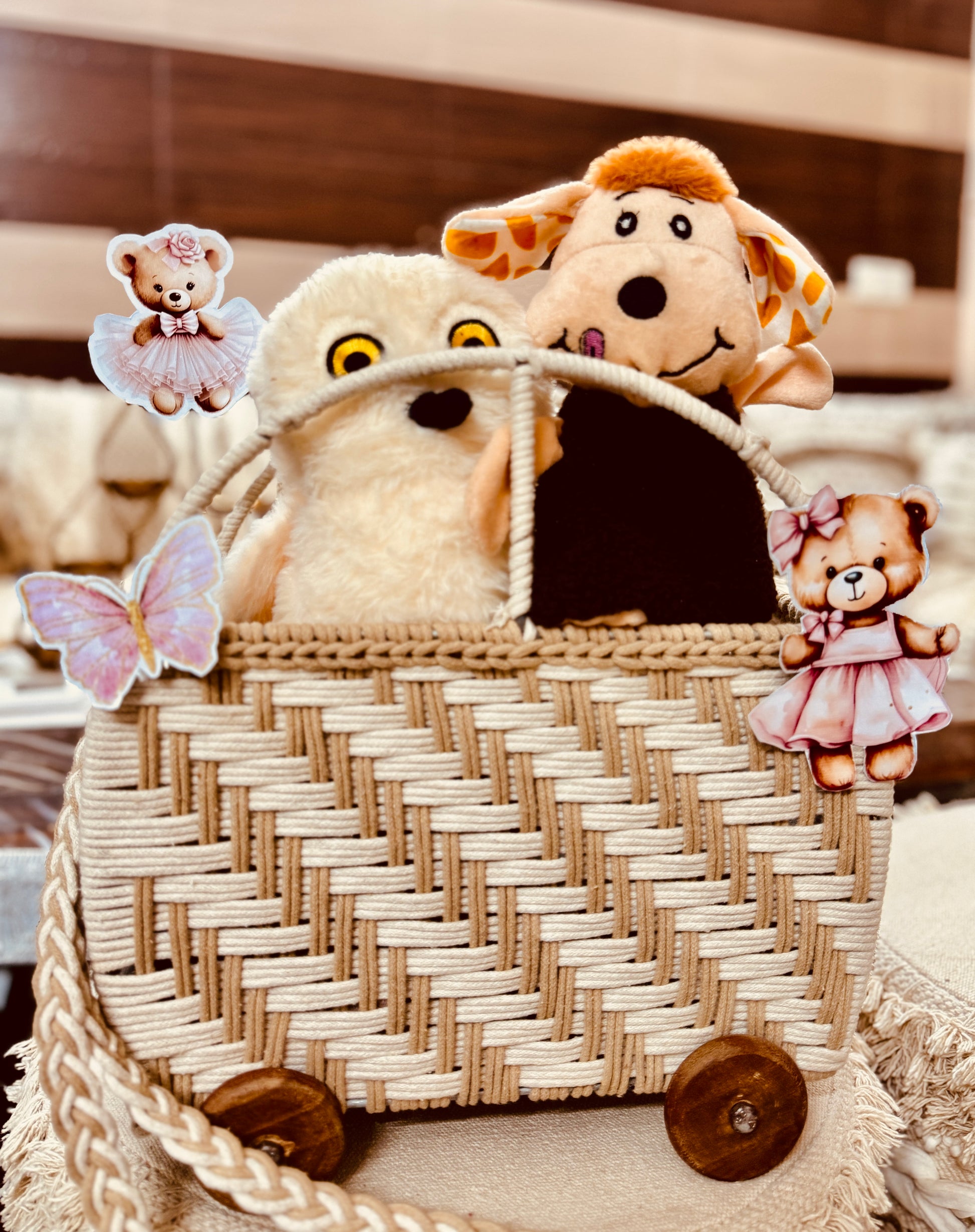 Prista handwoven cotton kids storage basket with wooden wheels in beige & off-white