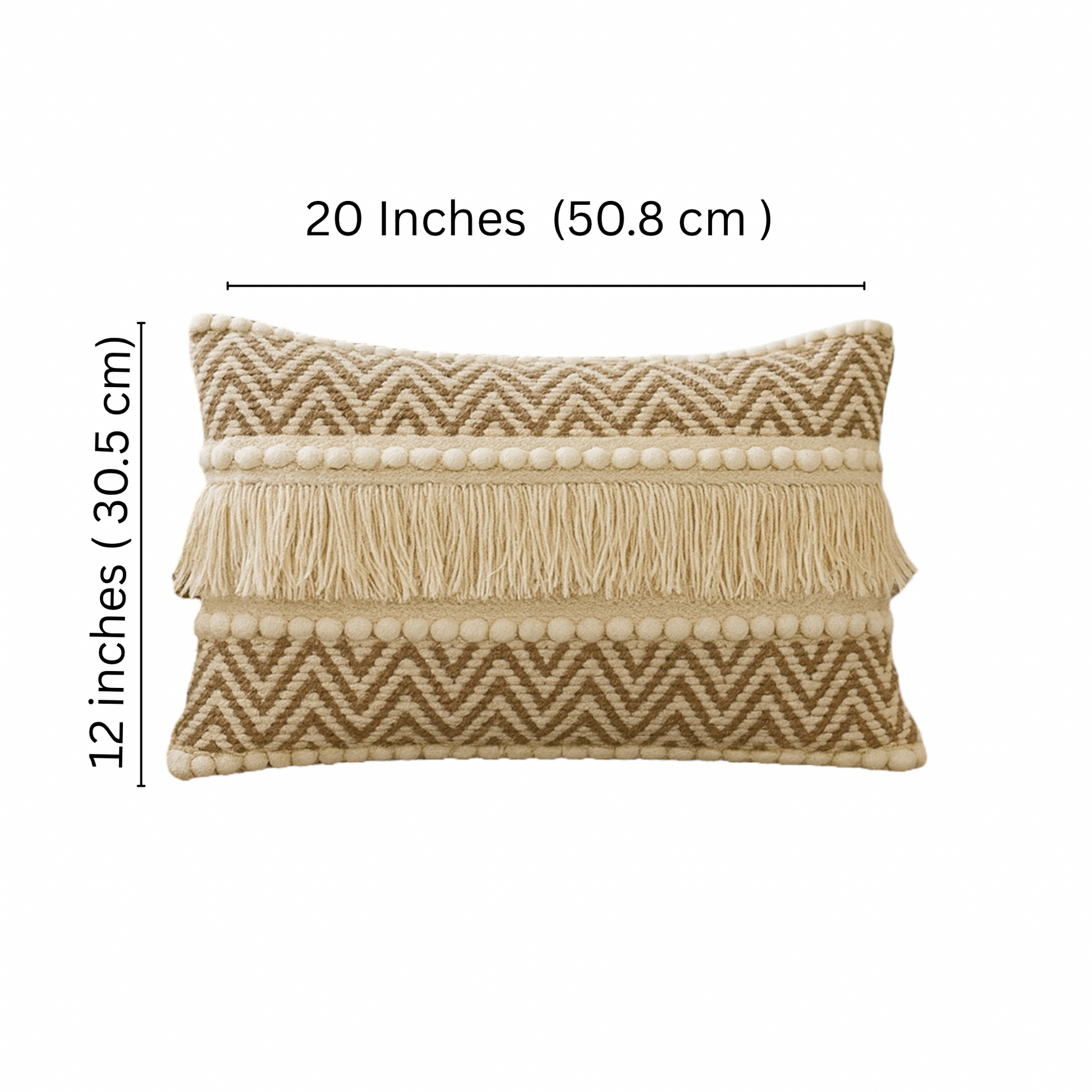 Boho Cushion Cover 12 x 20 India– handmade beige cotton cushion with fringes and zig-zag pattern, size details shown