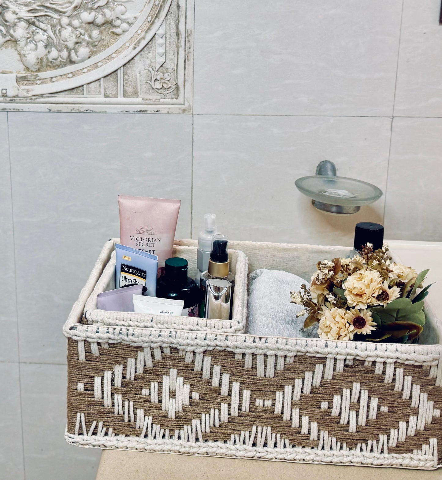 Patterned jute and cotton Organiser Set