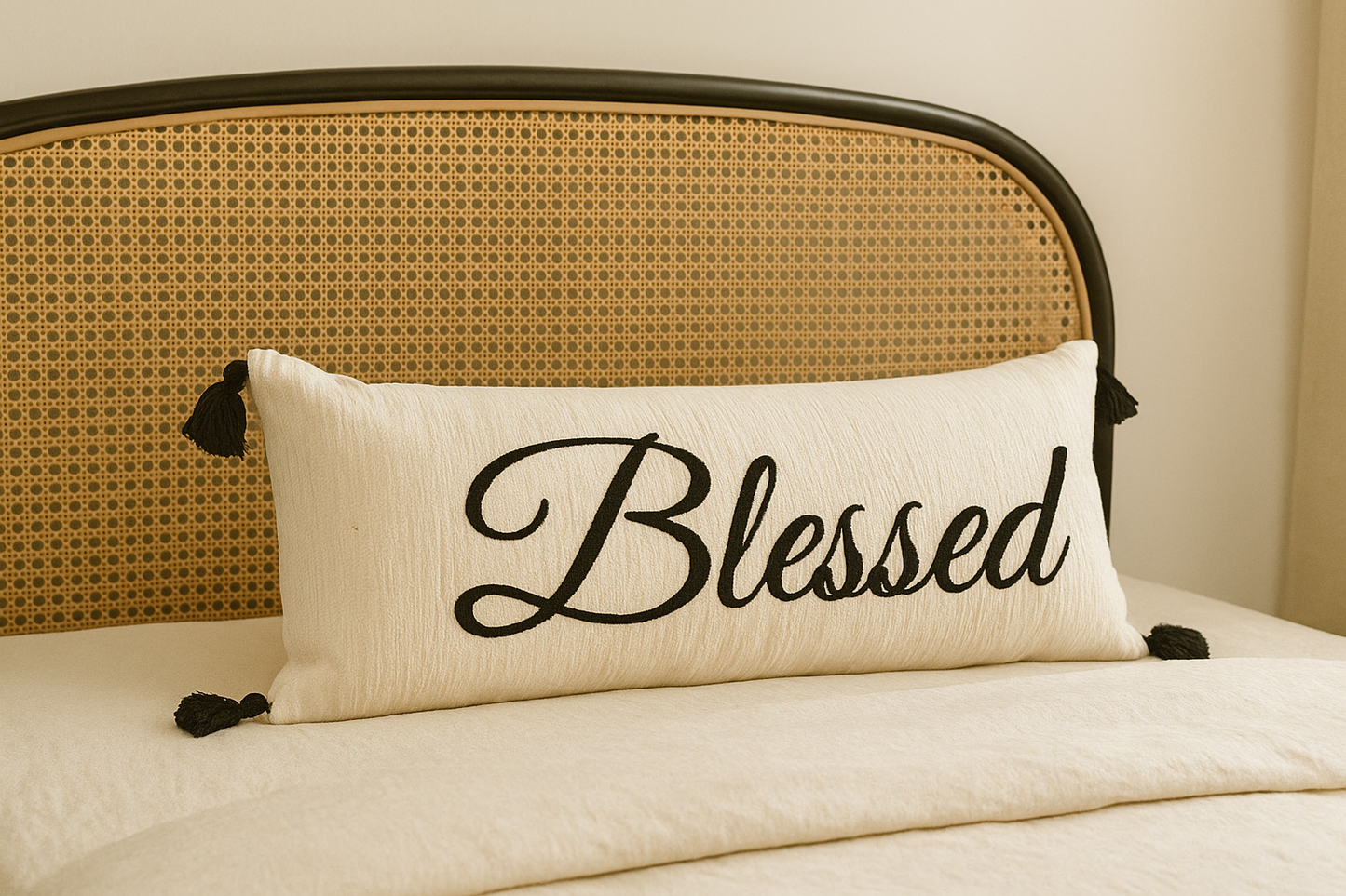 Blessed” Hand-Tufted Lumbar Cushion with Black Tassels – Embroidered Cotton Decorative Pillow for Modern Beds & Sofas with pillow insert (14 inch X 36 inch)