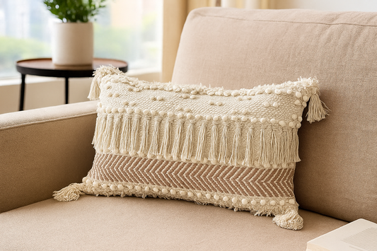 12x20 rectangular cushion cover with tassels styled on beige sofa in modern living room.