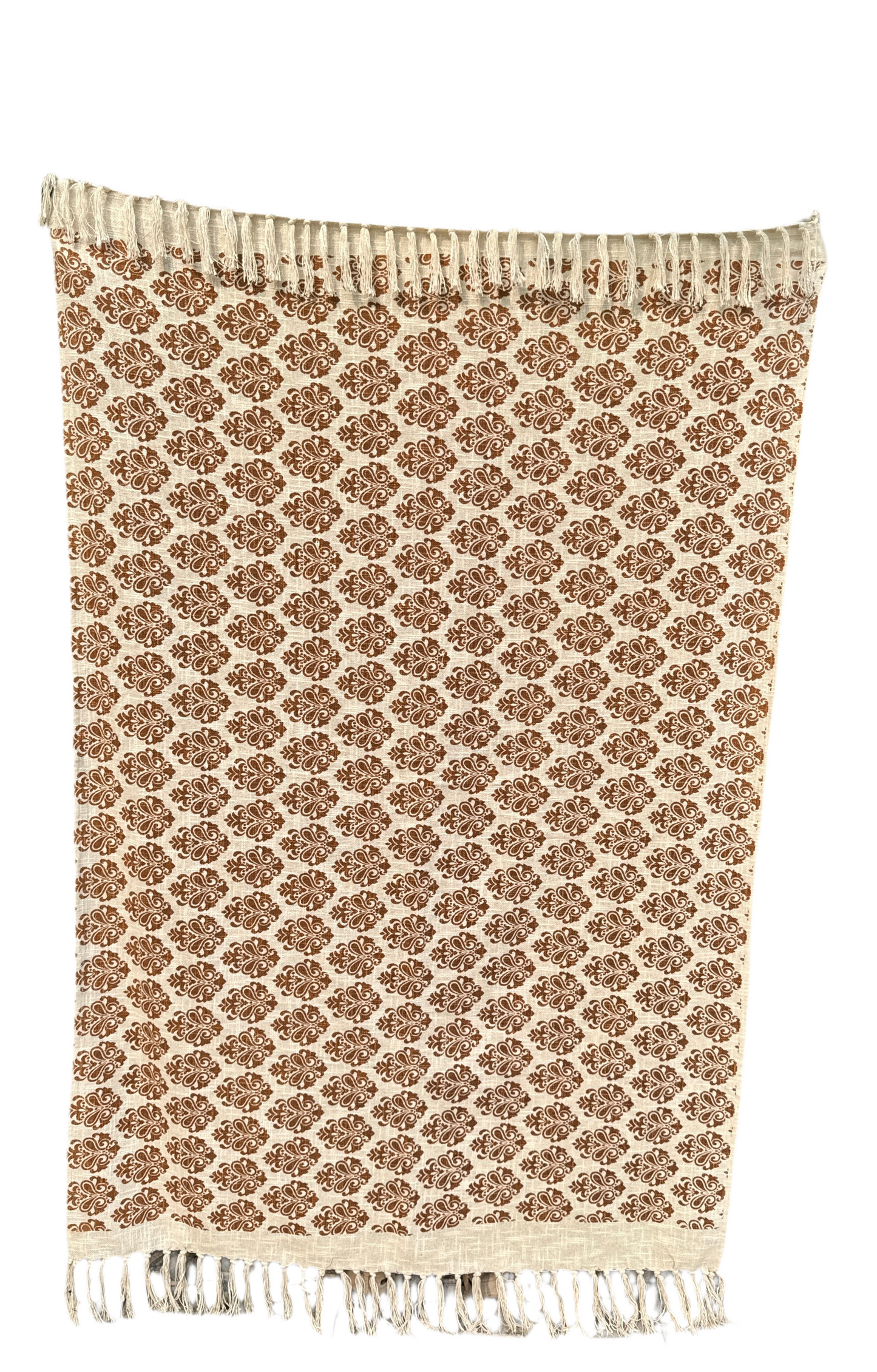 Handcrafted Slub Cotton Sofa Throw with Brown Block Print – Bohemian Fringe Blanket for Living Room & Bedroom Décor