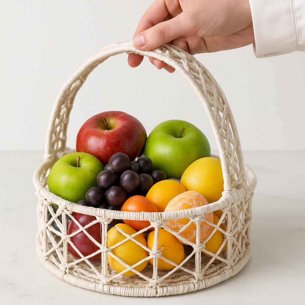 Handcrafted cotton rope round basket with handle for hampers and home storage