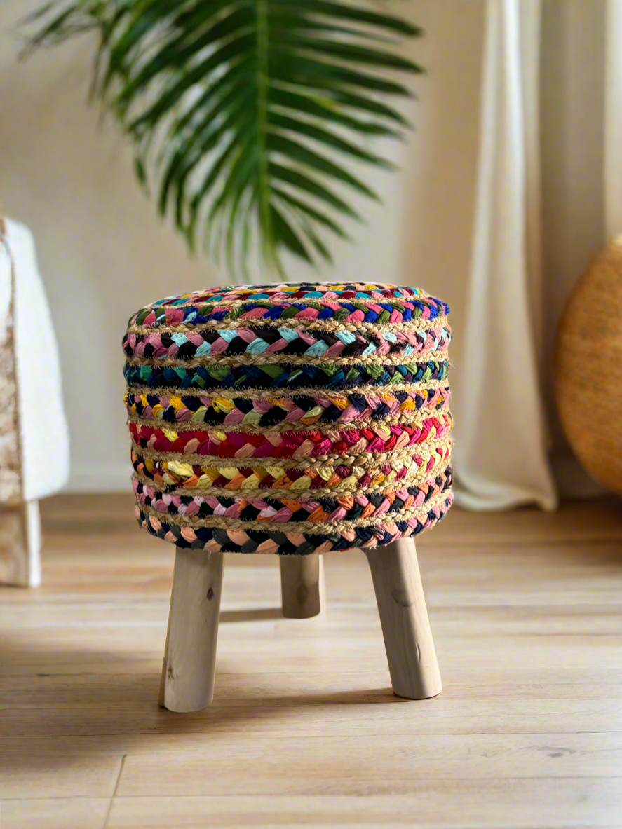 Hand-woven jute multi color stool