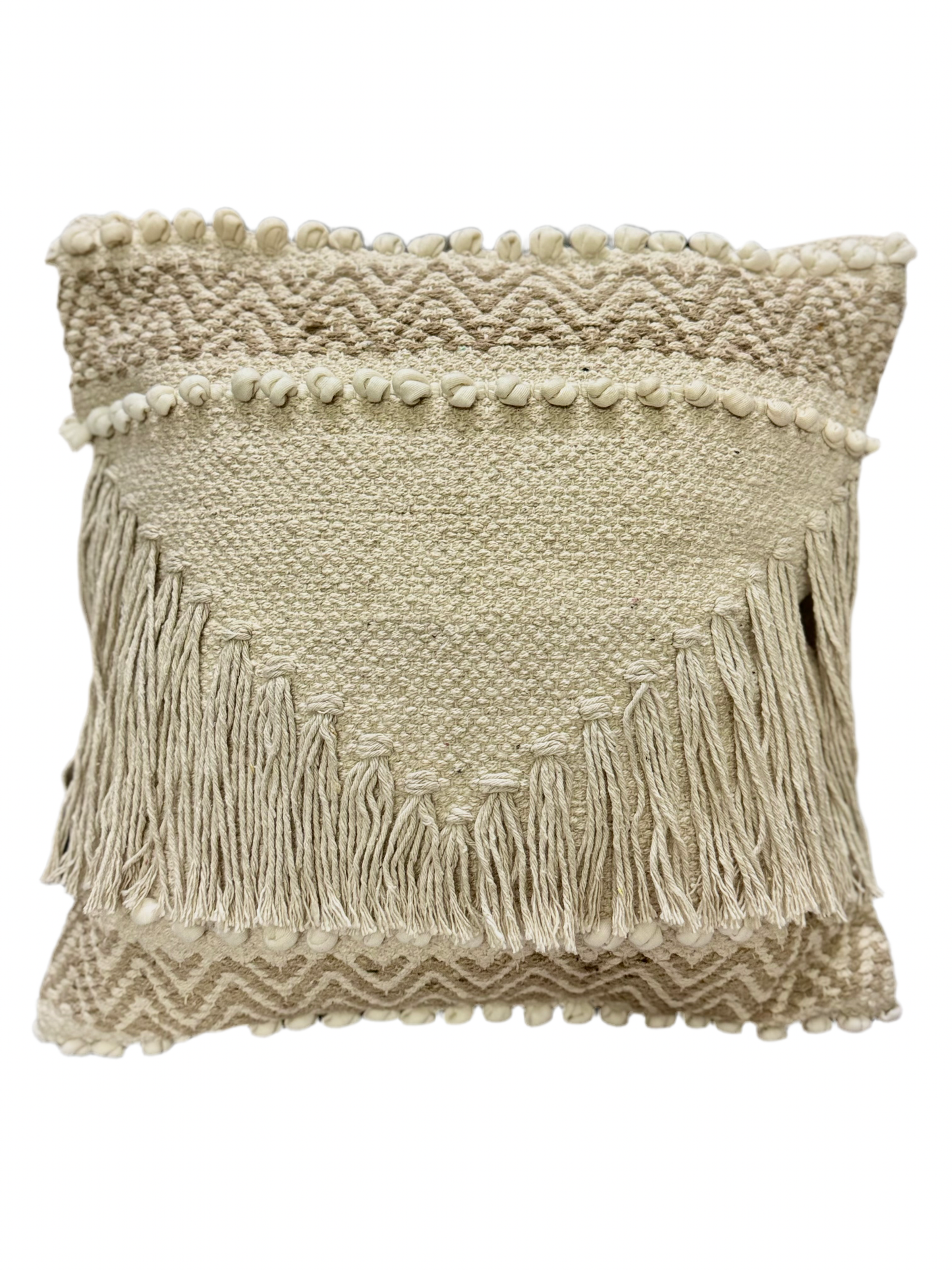 Boho Beige cushion cover with fringes 16 x 16 inch