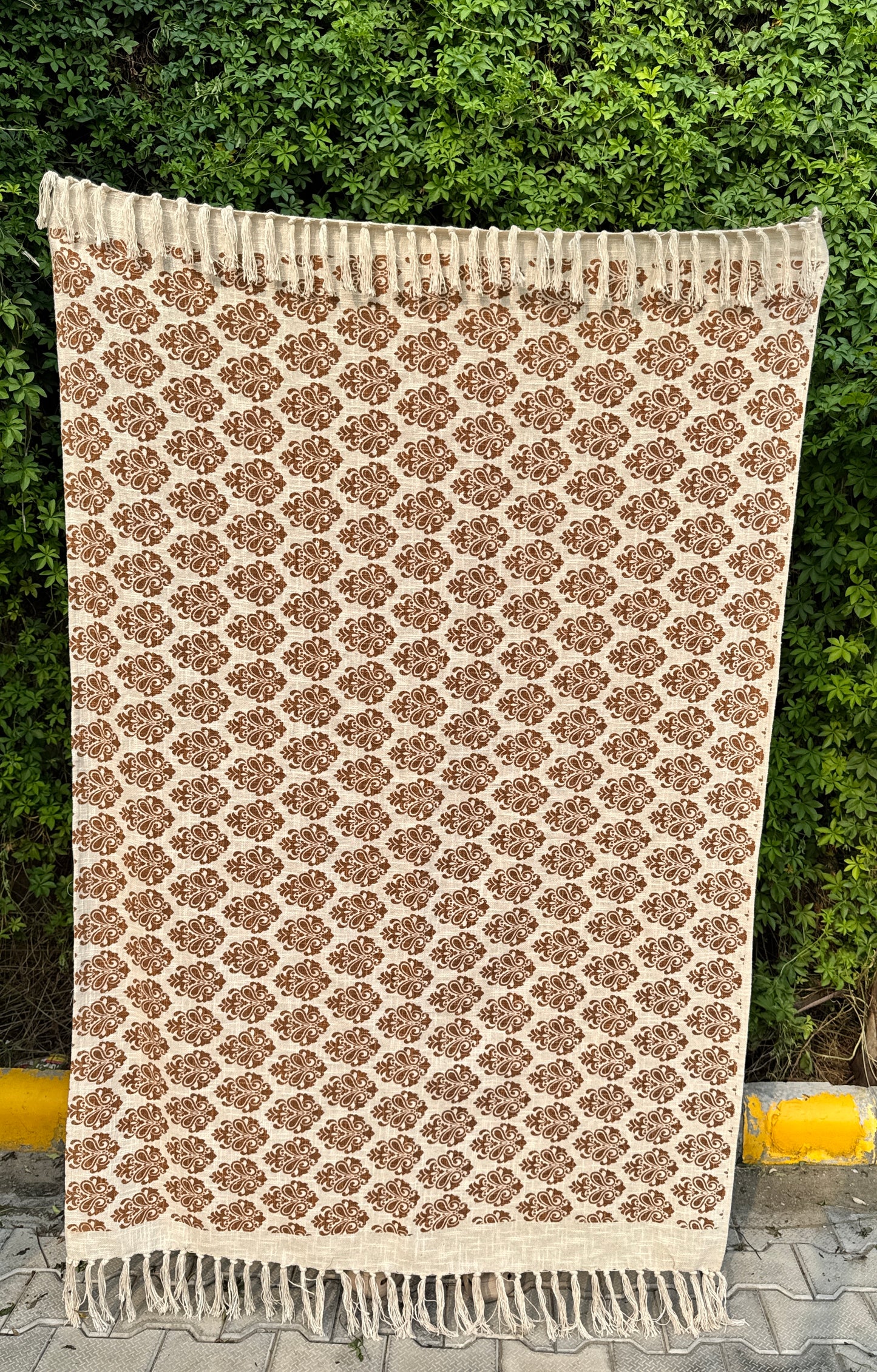 Handcrafted Slub Cotton Sofa Throw with Brown Block Print – Bohemian Fringe Blanket for Living Room & Bedroom Décor