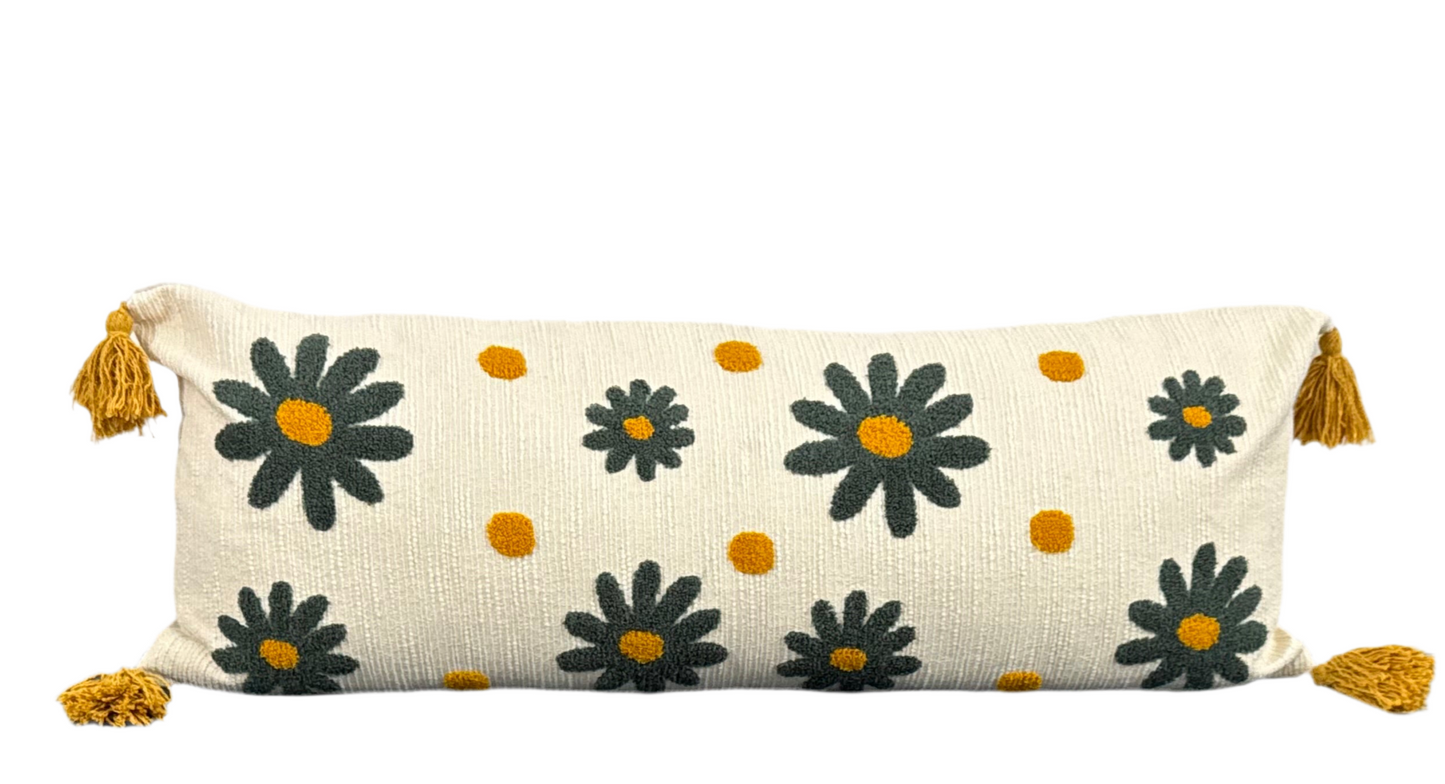 Blue floral Embroidered Lumbar Cushion with tassels- Modern Boho Embroidered Cotton Pillow for Sofa & Bed 36” X 14” (With Pillow)