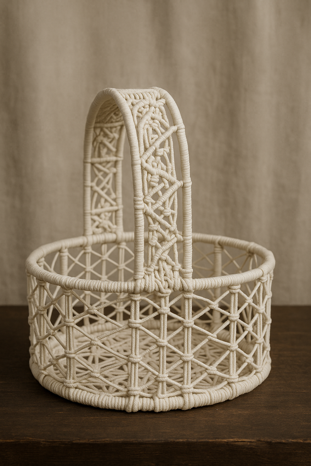 Luxury round macrame basket with handle used as festive gifting hamper in India
