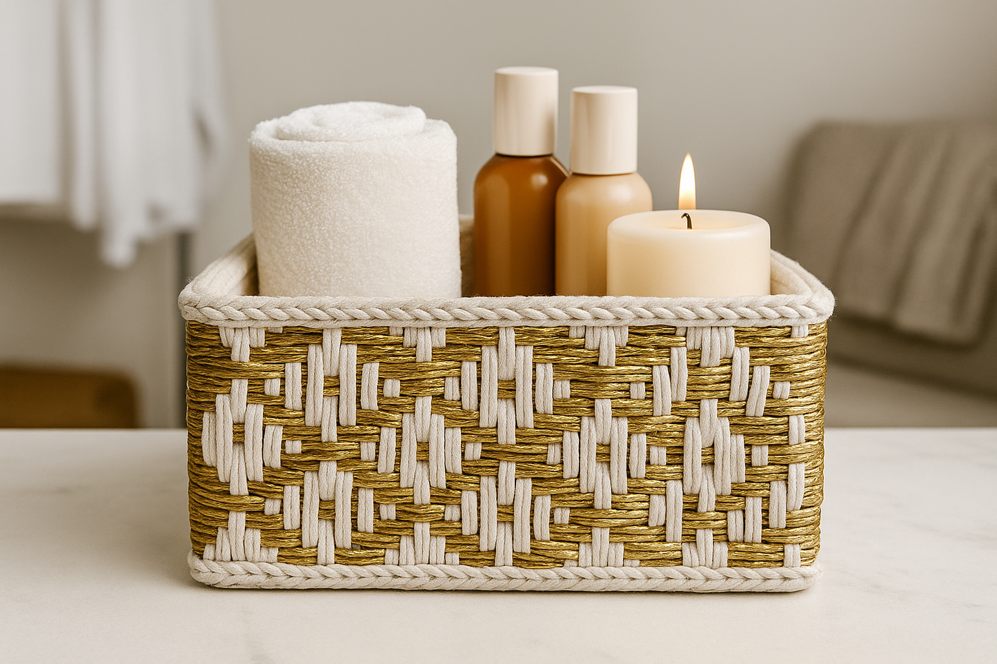 Macrame Storage Basket with Geometric Golden Weaving- Large