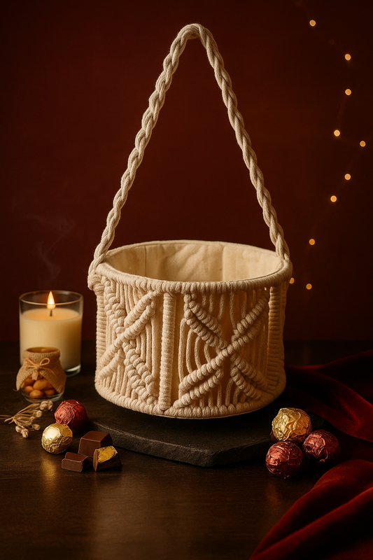 Prista Small Round Macramé Basket with Cloth Lining & Sling Handle – 10 cm Multipurpose Organizer
