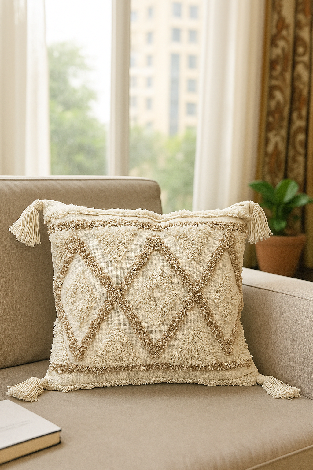 Handwoven Boho Cotton Cushion Cover with Diamond Tufted Design & Tassels – 16 x 16 Inch Decorative Throw Pillow for Sofa & Bed
