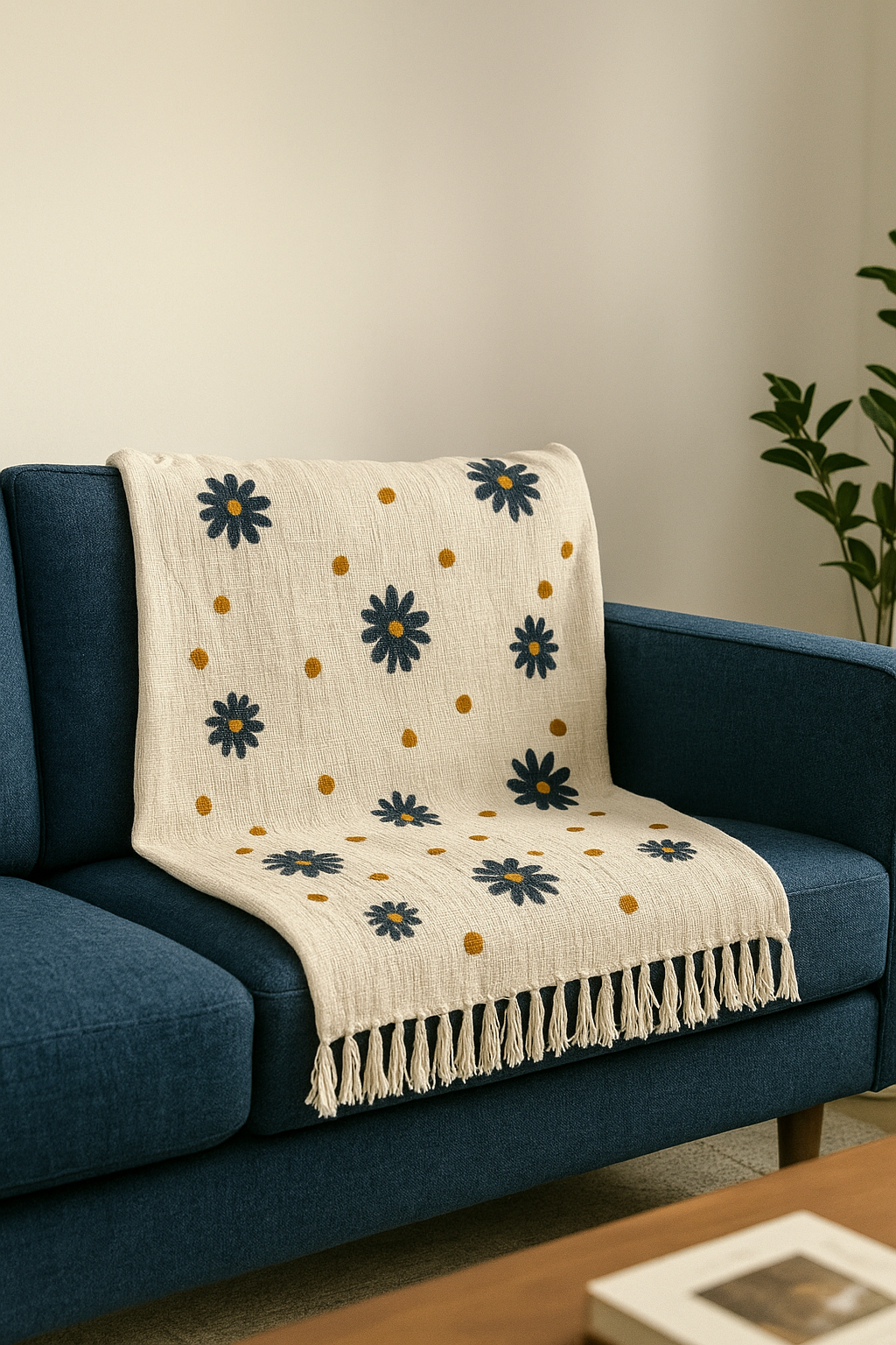 Blue Floral Motifs Embroidered Sofa Throw