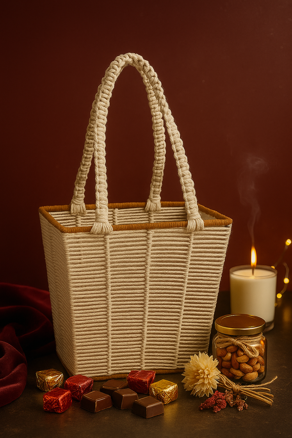 Multipurpose cotton rope basket with handles placed with chocolates, almonds jar and candle