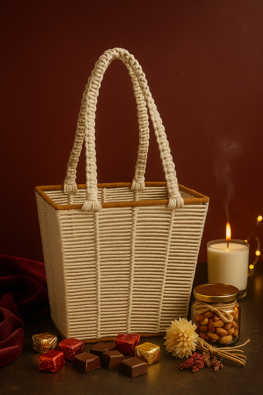 Multipurpose cotton rope basket with handles placed with chocolates, almonds jar and candle