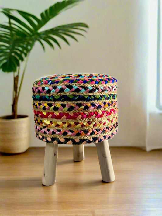 Hand-woven jute multi color stool